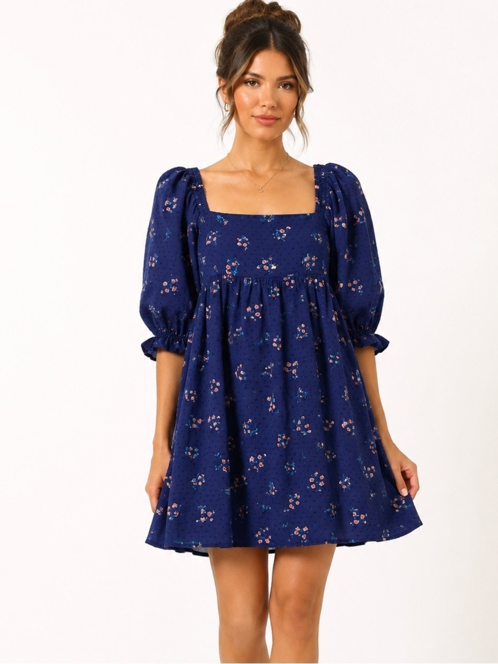 Altar'd State Blue Floral Swiss Dot Puff Sleeve Babydoll Mini Dress Small